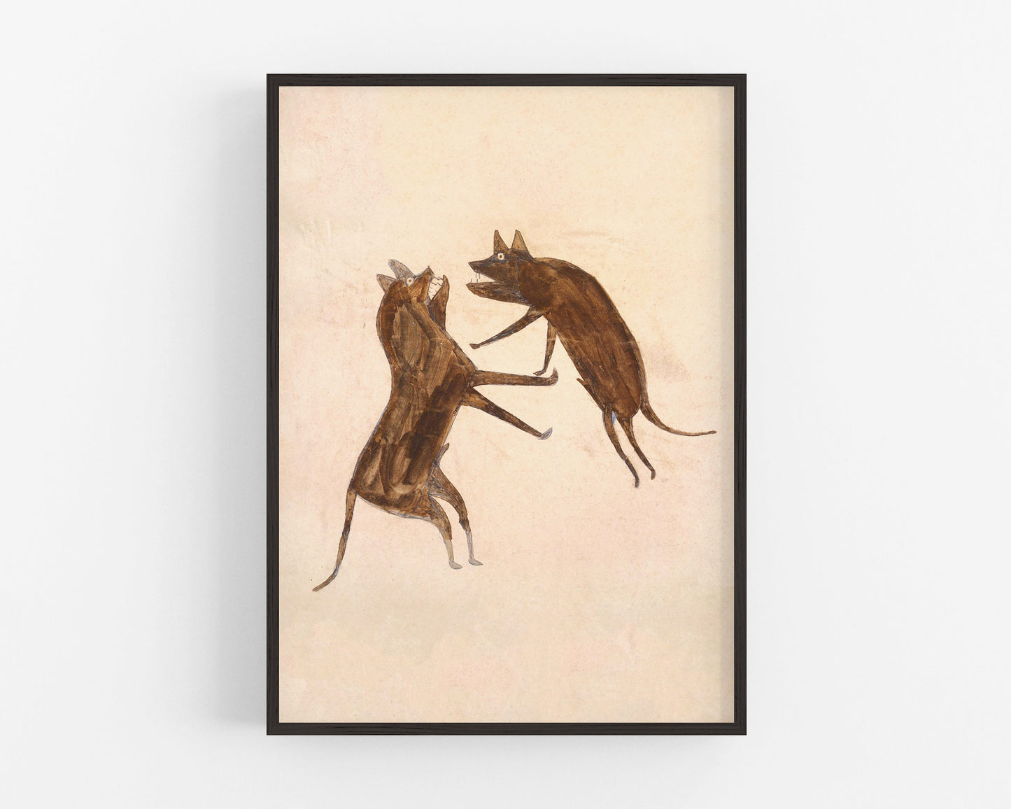 Bill Traylor Americana art | Two brown dogs fighting | Animal folk art | African American self-taught artist | Modern vintage wall décor