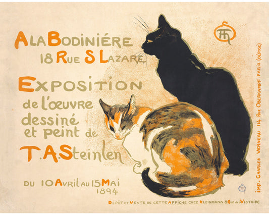 Arte de gatos vintage | Gato atigrado naranja y gato negro | Decoración de pared de animales | Decoración vintage moderna | Listo para enmarcar y regalar | Steinlen