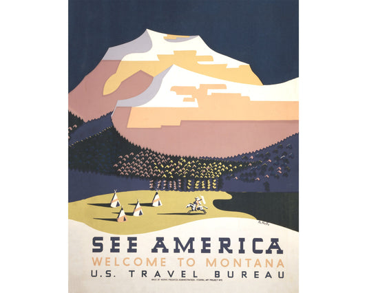 Póster de viaje vintage de Montana | Vea América | Tipis, arte de los indios americanos y de la cordillera | Decoración de pared vintage moderna | Regalo ecológico