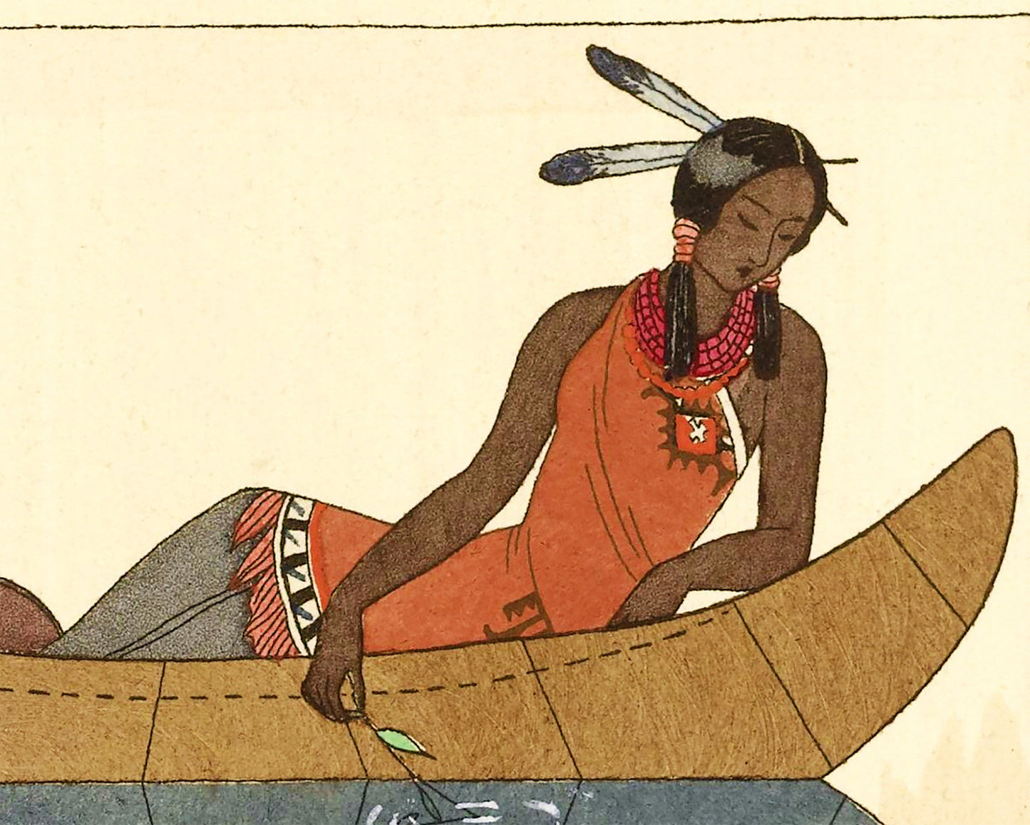 Vintage Indigenous peoples art print | Native American fashion | Canoe on Missouri River | Art Deco wall art | Eco-friendly gift