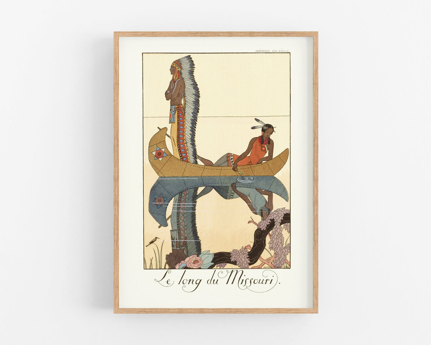 Vintage Indigenous peoples art print | Native American fashion | Canoe on Missouri River | Art Deco wall art | Eco-friendly gift