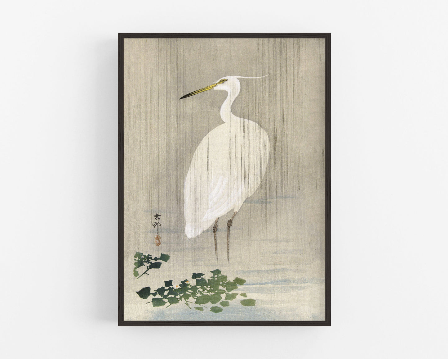 Vintage egret fine art print | Bird in grey rain | Japanese art | Art nouveau animal woodcut | Ohara Koson | Animal wall art