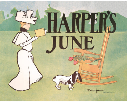 Portada vintage de Harper's Bazaar | Junio ​​| Mujer y perro leyendo con rosas y mecedora | Impresión artística Giclée | Regalo ecológico