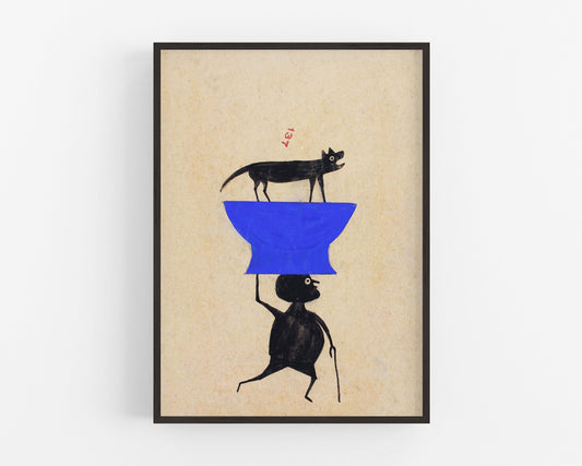 Arte americano de Bill Traylor | Hombre cargando un perro o un gato | Arte popular animal | Artista autodidacta afroamericano | Decoración de pared vintage moderna