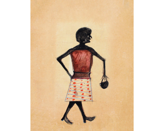 Arte americano de Bill Traylor | Mujer caminando con un bolso | Arte popular de moda | Artista autodidacta afroamericano | Decoración de pared vintage moderna