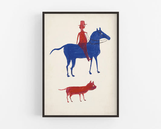 Arte americano de Bill Traylor | Hombre a caballo con perro | Arte popular de granja | Artista autodidacta afroamericano | Decoración de pared vintage moderna