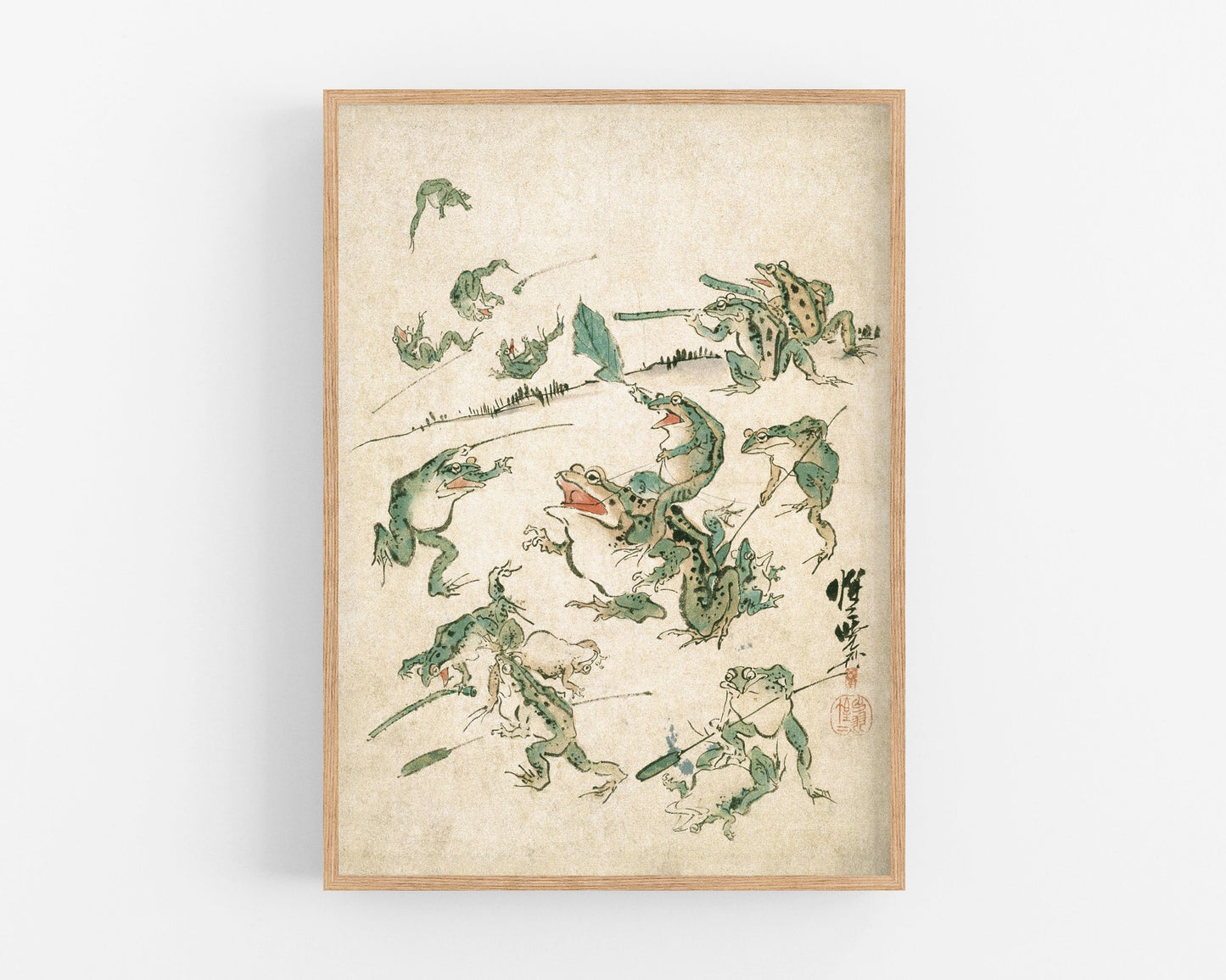 Vintage frog art | Battle of the frogs | Kawanabe Kyosai sketch | 19th century Asian art | Water, swamp animal | Modern vintage décor