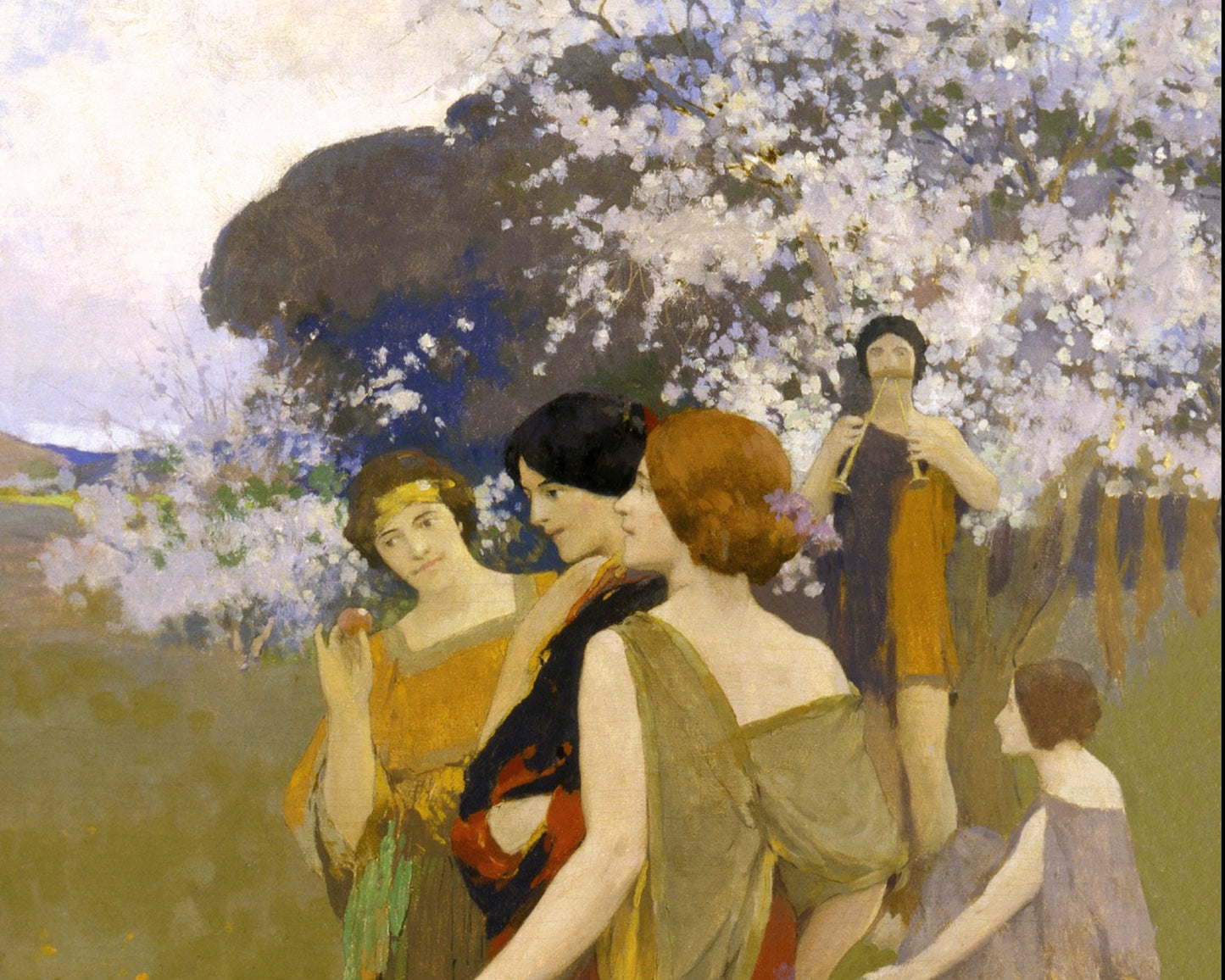 Arte de baile | Danza de primavera | Arte mural Art Nouveau | Mujeres bailando de época | Pintura de bailarinas | Arthur F. Matthews