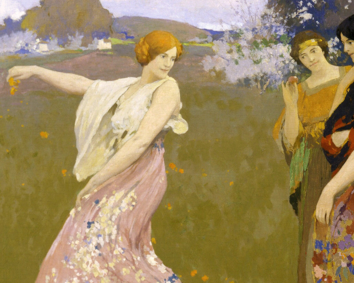 Arte de baile | Danza de primavera | Arte mural Art Nouveau | Mujeres bailando de época | Pintura de bailarinas | Arthur F. Matthews