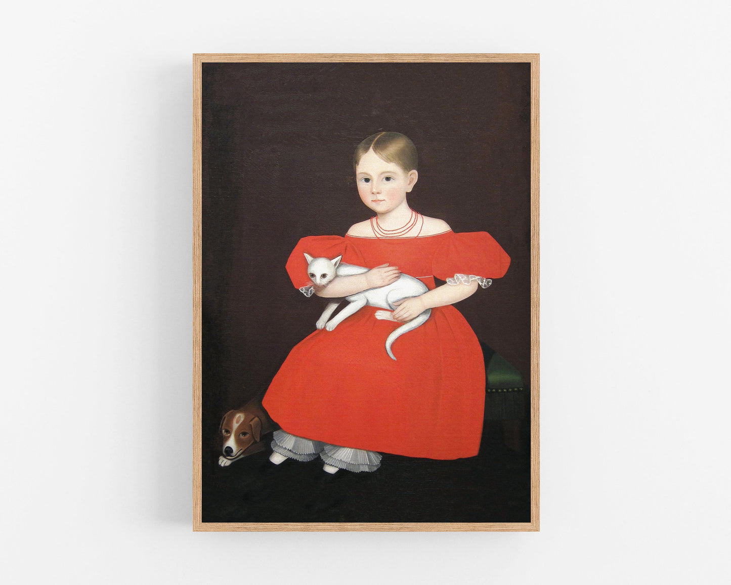 American folk art portrait | Vintage girl in red dress art print | Dog & white cat painting | Americana wall art | Modern vintage décor