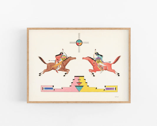 Lámina de arte indígena vintage | Awa Tsireh | Guerreros a caballo | Arte mural nativo americano | Pintura de estilo suroeste | Decoración vintage moderna