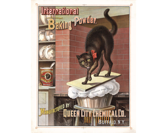 Vintage baking advertisement | Black tom cat in the kitchen | International baking soda | Cafe kitchen wall art | Modern vintage décor