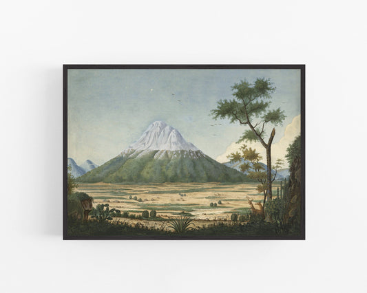 Paisaje y arte de llamas | Impresión de escena tropical con montaña cubierta de nieve | Decoración vintage moderna | Regalo ecológico