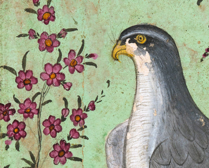 Halcón en una percha | Arte de aves de la India vintage | Fondo de malaquita | Impresión antigua de Rajastán | Arte del sudeste asiático | Arte mural de animales y naturaleza