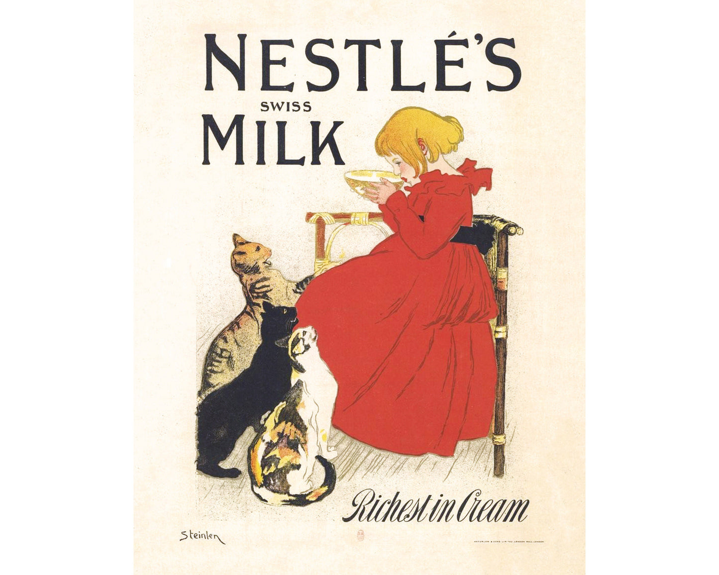 Anuncio de leche de Nestlé | Niña con vestido rojo y gatos | Lámina de Théophile Steinlen | Arte mural de cocina y comida | Publicidad vintage