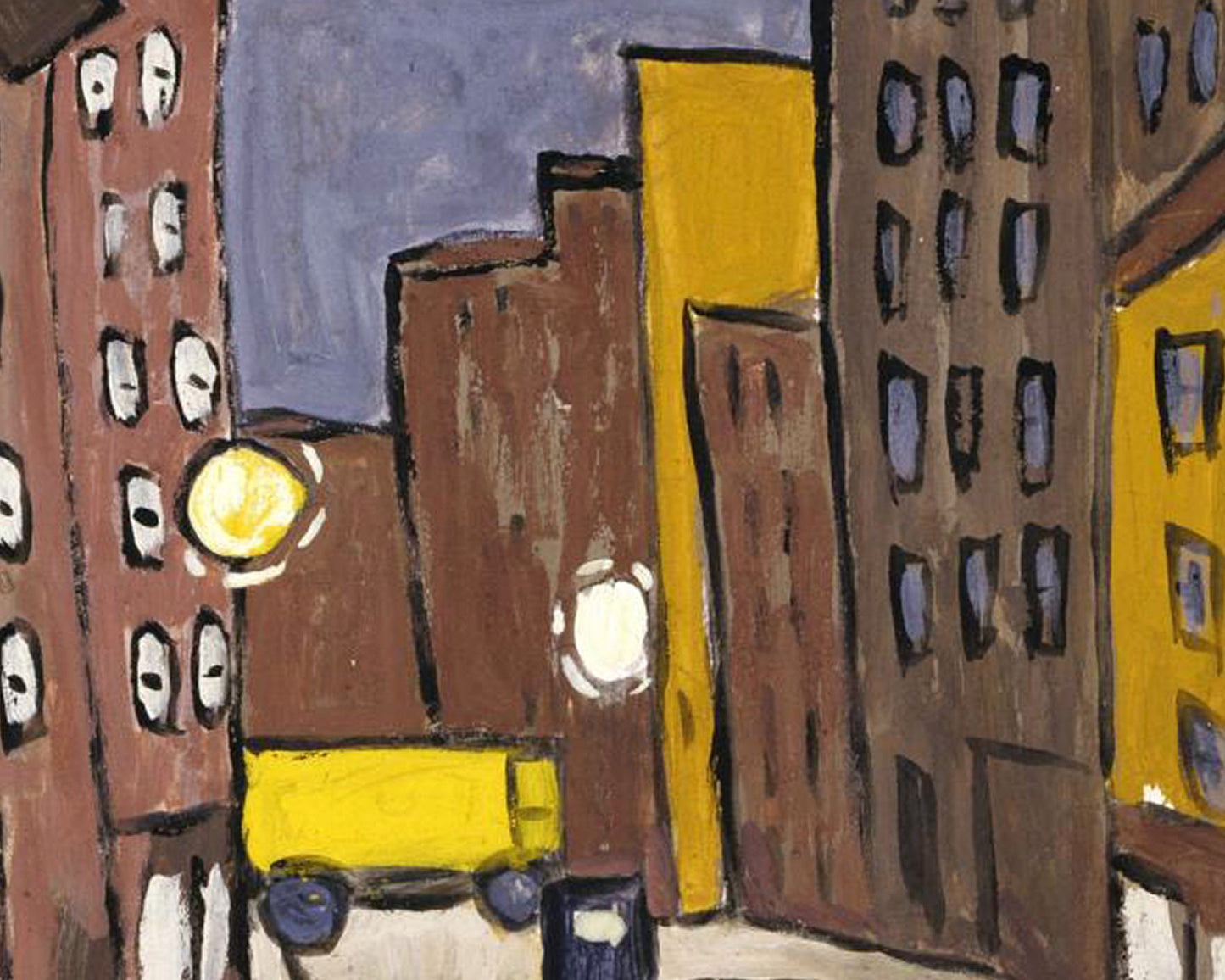 Harlem street scene with moon | 1940's city scene | Vintage African American folk art | Black artist | Primitive Americana wall art