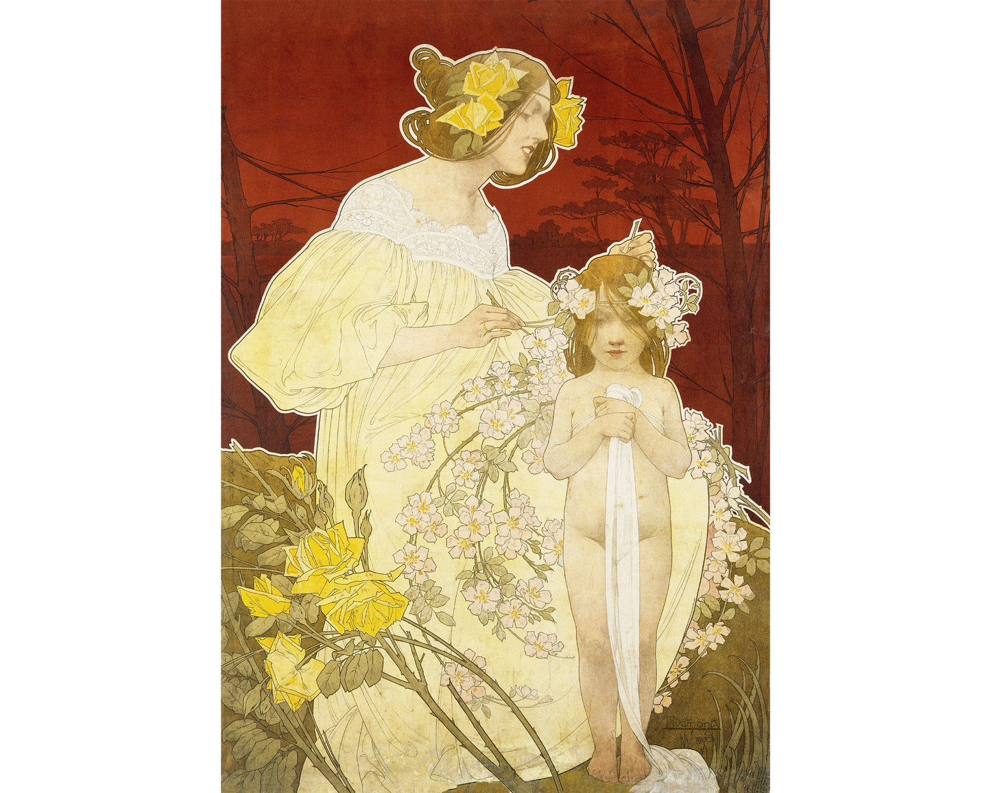 Woman, girl with hair garland | Garden of yellow & pink flowers | Feminine art print | Woman's palace | Art nouveau wall art