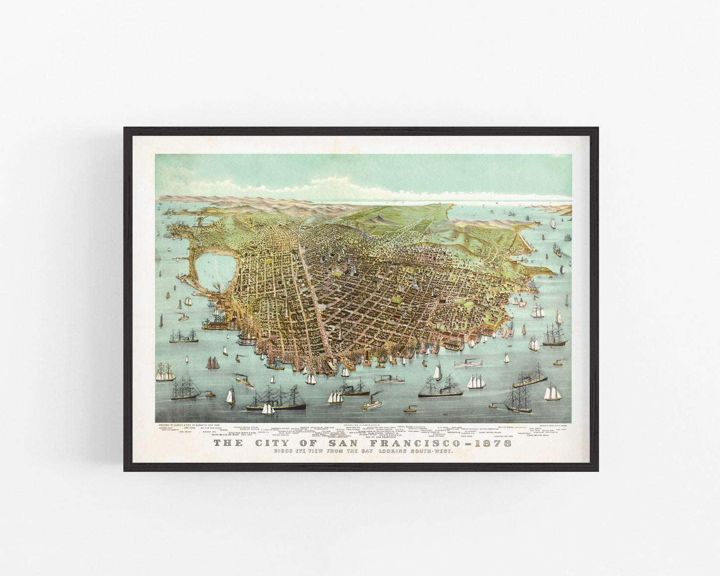 Antique San Francisco map | Bird's eye view of the bay | Vintage American cartography | Travelers wall art | Modern vintage Decor