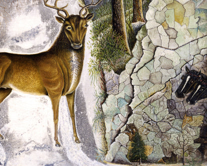 Impresión artística de ciervo en la roca Echo | Pintura de ciervo, caballo y búho | Arte popular americano vintage | Arte mural de animales salvajes | Arte primitivo