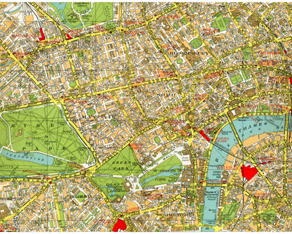 Mapa antiguo de Londres | Hyde Park, jardines de Kensington, Soho y río Támesis de los años 40 | Cartografía británica antigua | Arte mural para viajeros