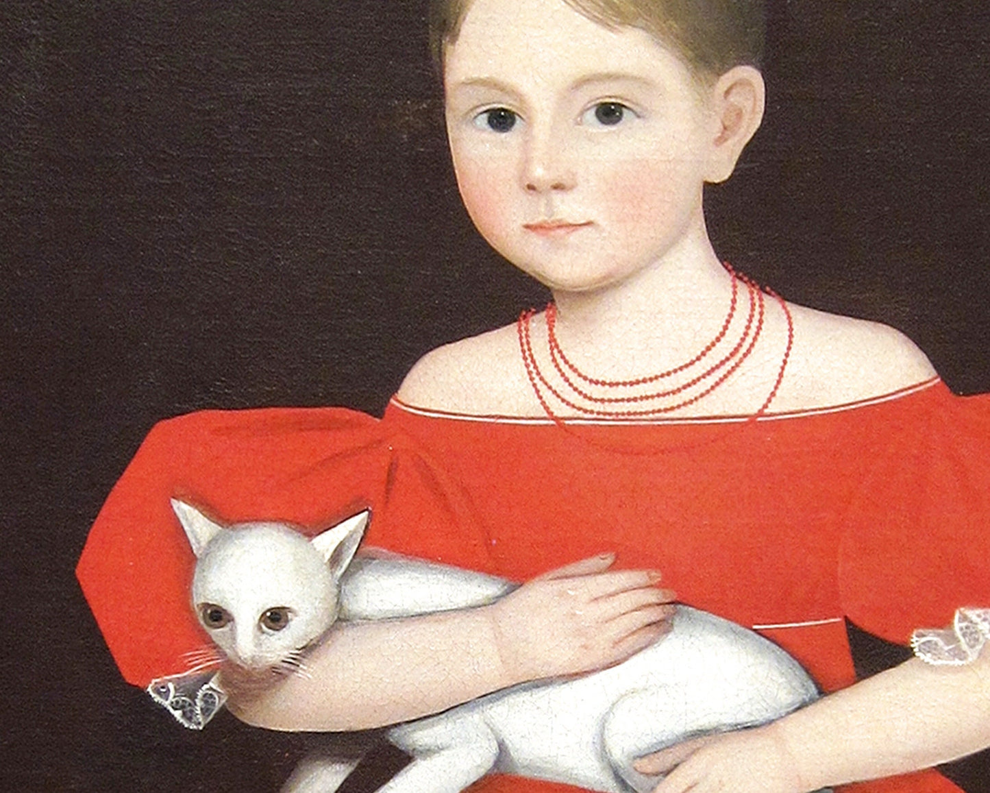 American folk art portrait | Vintage girl in red dress art print | Dog & white cat painting | Americana wall art | Modern vintage décor