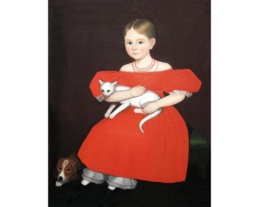 Retrato de arte popular estadounidense | Impresión artística vintage de niña con vestido rojo | Cuadro de perro y gato blanco | Arte mural americano | Decoración vintage moderna