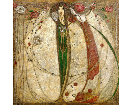 Impresión de dos mujeres como flores | Pintura de rosa blanca y rosa roja | Arte mural Art Nouveau | Margaret MacDonald Mackintosh | Artista femenina