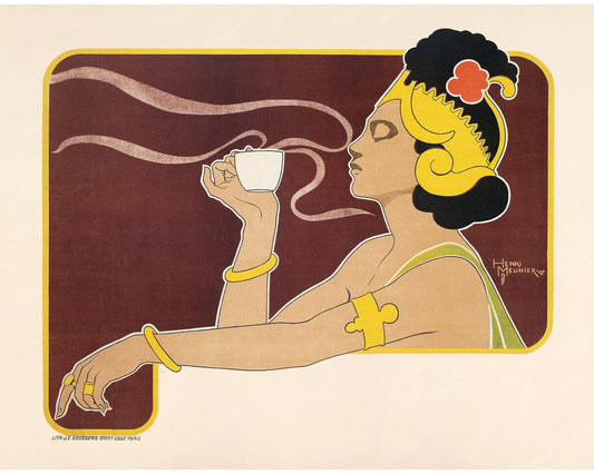 Vintage coffee advertisement | Woman inhaling aroma | Henri Meunier art print | Cafe kitchen wall decor | Modern vintage décor