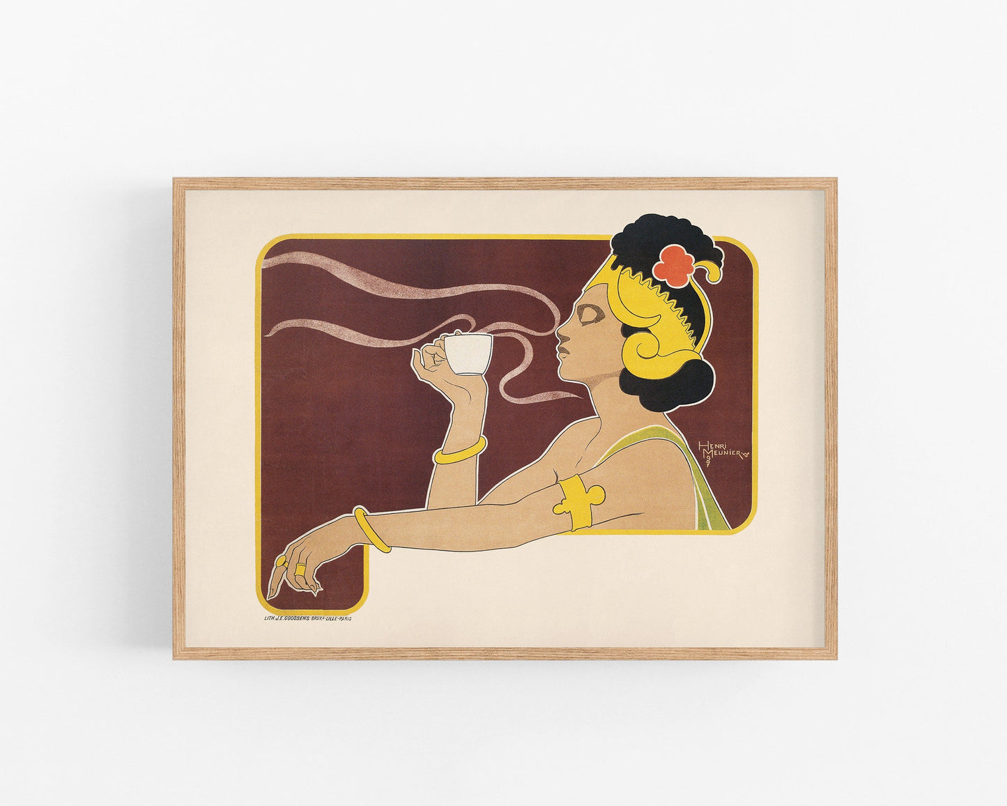 Vintage coffee advertisement | Woman inhaling aroma | Henri Meunier art print | Cafe kitchen wall decor | Modern vintage décor