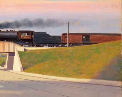 Impresión de coche y tren antiguos | Vehículo de los años 30 | Pintura de automóvil en la carretera | Escena de la carretera de Iowa | Arte mural de transporte | Locomotora de vapor