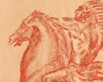 Dibujo de un nativo americano a caballo | Artista estadounidense Ivan Meštrović | Impresión artística en crayón sobre cartón | Arte mural indígena del siglo XIX