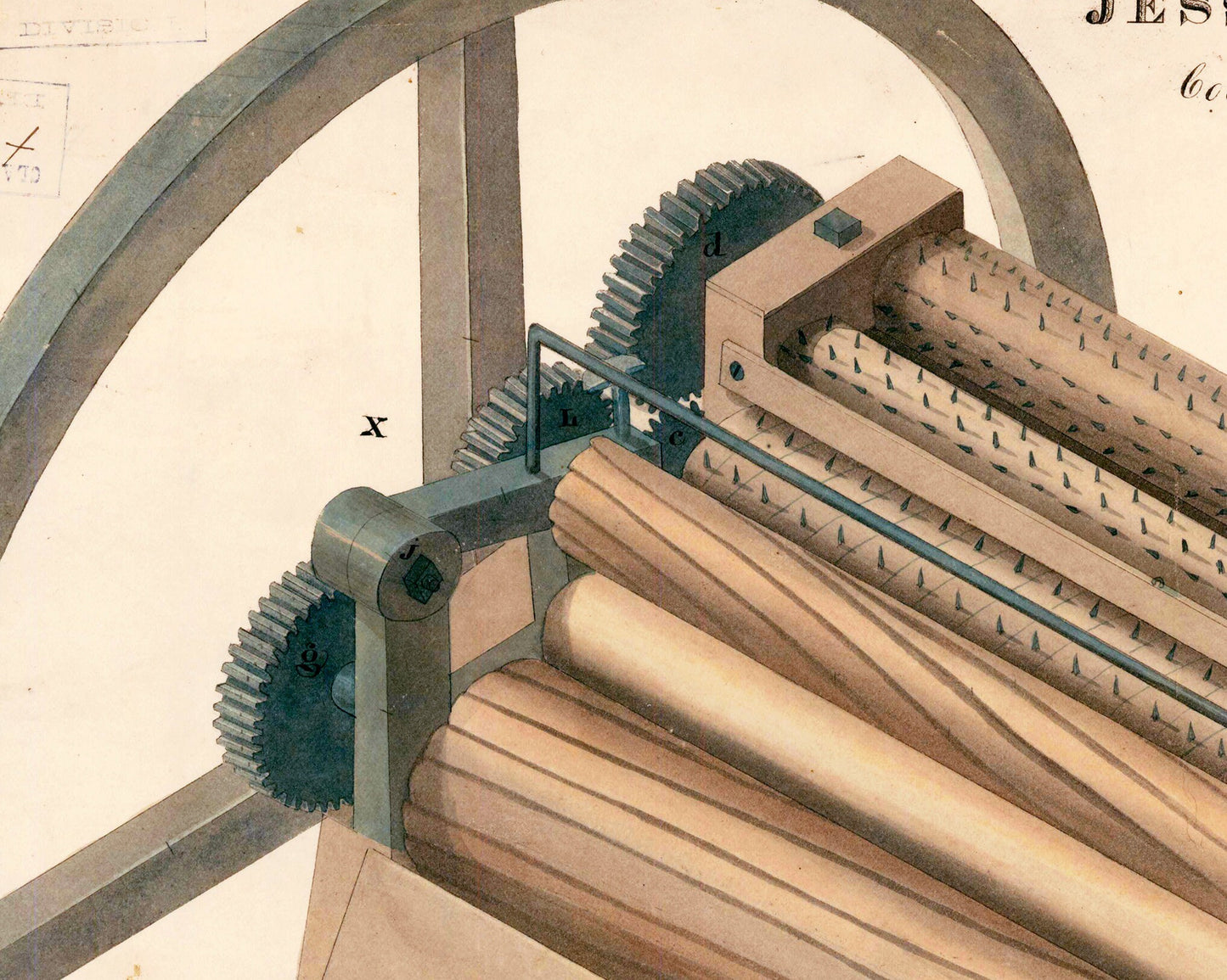 Dibujo de patente | Limpiador de algodón | Diagrama de ingeniería mecánica antigua | Innovación del siglo XIX | Inventos históricos de pequeñas empresas