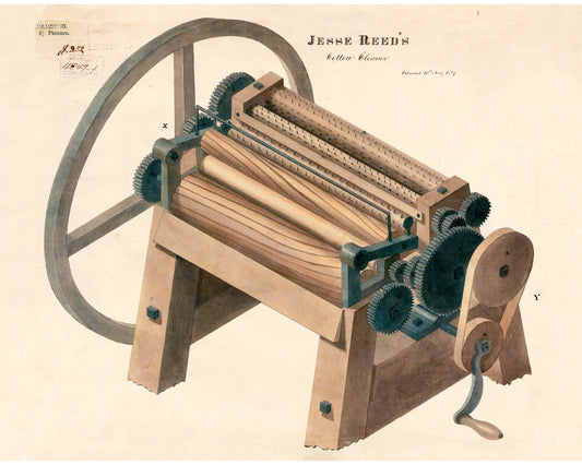 Dibujo de patente | Limpiador de algodón | Diagrama de ingeniería mecánica antigua | Innovación del siglo XIX | Inventos históricos de pequeñas empresas