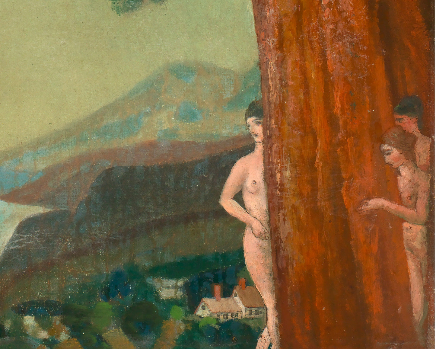 Bellas artes de mujeres nadando | En los acantilados | Arthur B. Davies | Pintura de desnudo femenino | Nadando desnudo | Arte mural de cabaña, lago y baño