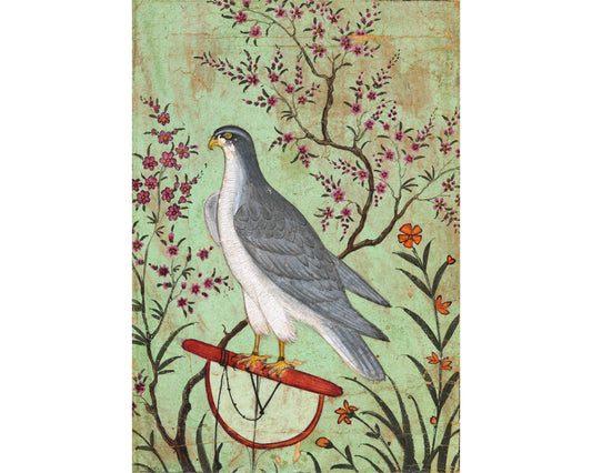 Halcón en una percha | Arte de aves de la India vintage | Fondo de malaquita | Impresión antigua de Rajastán | Arte del sudeste asiático | Arte mural de animales y naturaleza