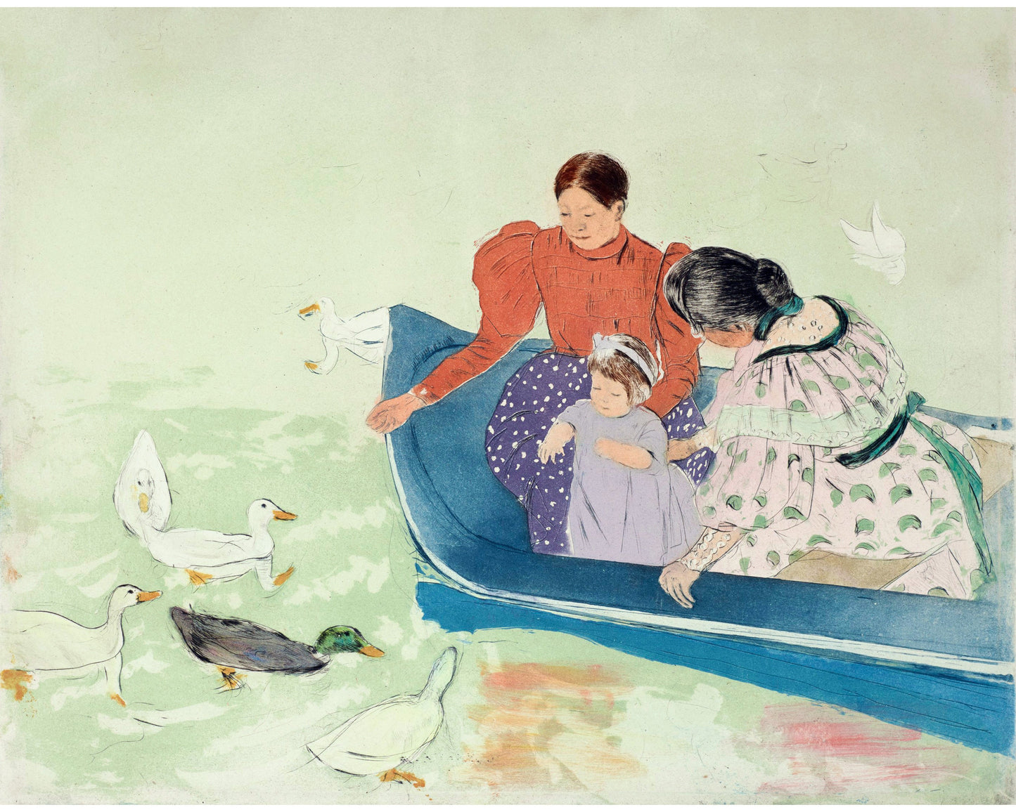 Women feeding ducks | Vintage Grandmother, mother, daughter art print | Mary Cassatt | People portrait wall art | Female artist