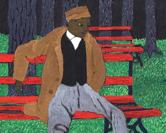 Man on a park bench | White squirrel | American folk art | Horace Pippin | Black Americana art | African American artist | Outsider wall art