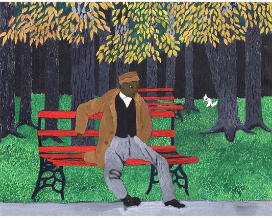 Man on a park bench | White squirrel | American folk art | Horace Pippin | Black Americana art | African American artist | Outsider wall art