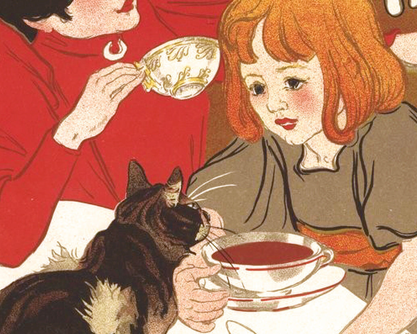 Anuncio de chocolate y té francés | Mujer, niña y gato de época | Grabado de Théophile Steinlen | Arte mural para cocinas y cafeterías | Anuncio de comida antiguo