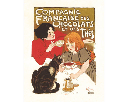 Anuncio de chocolate y té francés | Mujer, niña y gato de época | Grabado de Théophile Steinlen | Arte mural para cocinas y cafeterías | Anuncio de comida antiguo