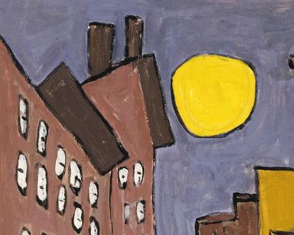 Harlem street scene with moon | 1940's city scene | Vintage African American folk art | Black artist | Primitive Americana wall art