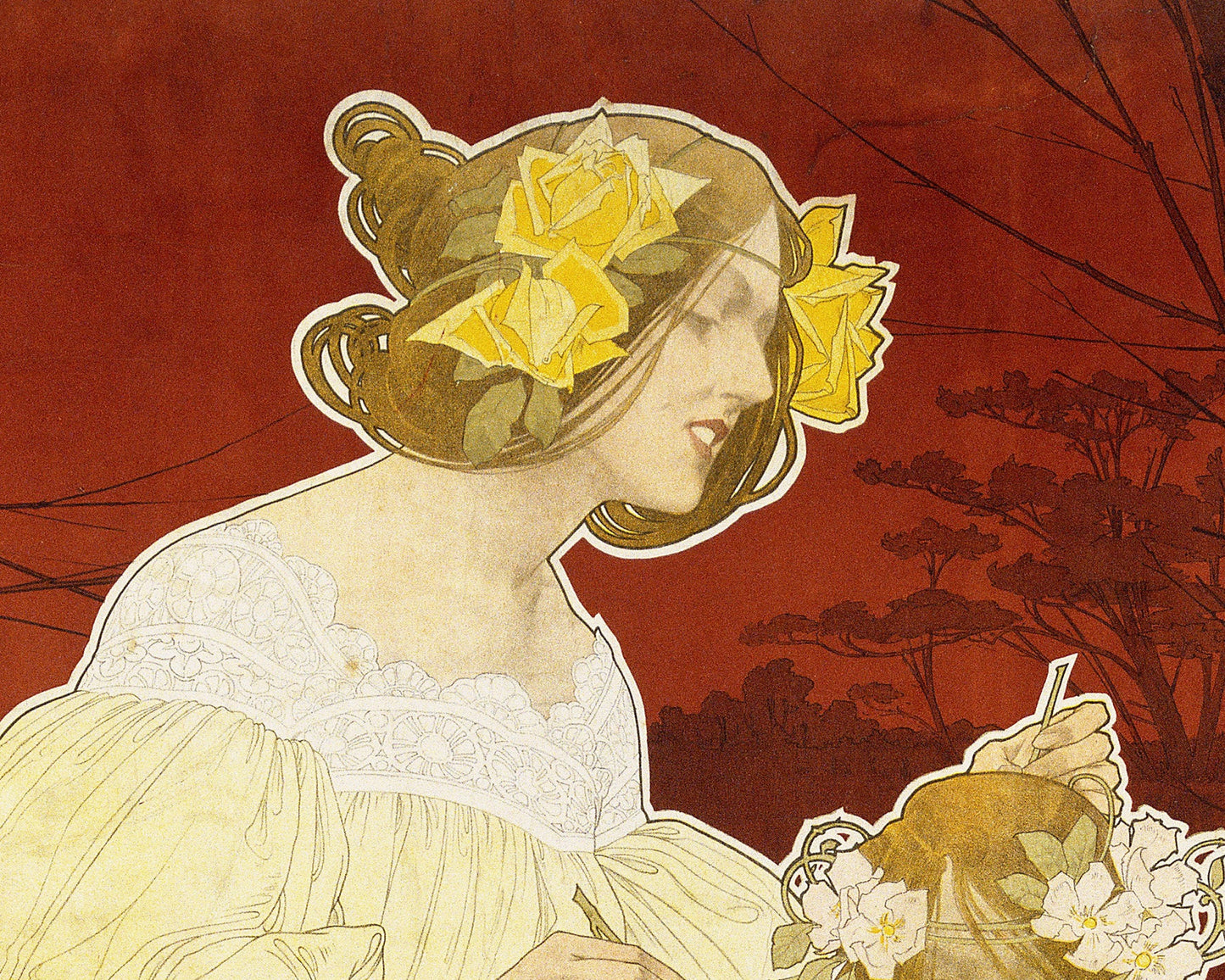 Mujer, niña con guirnalda en el pelo | Jardín de flores amarillas y rosas | Lámina de arte femenino | Palacio de la mujer | Arte mural Art Nouveau