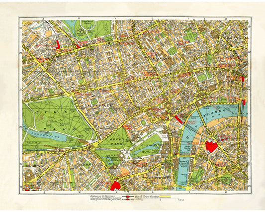 Mapa antiguo de Londres | Hyde Park, jardines de Kensington, Soho y río Támesis de los años 40 | Cartografía británica antigua | Arte mural para viajeros