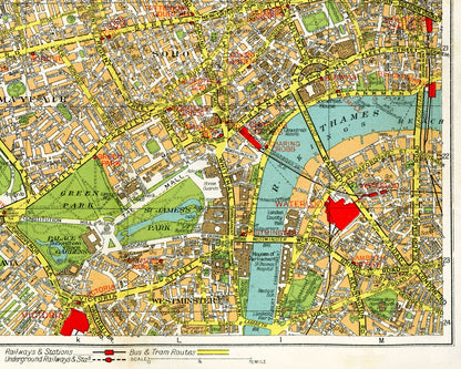 Mapa antiguo de Londres | Hyde Park, jardines de Kensington, Soho y río Támesis de los años 40 | Cartografía británica antigua | Arte mural para viajeros