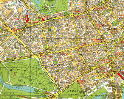 Mapa antiguo de Londres | Hyde Park, jardines de Kensington, Soho y río Támesis de los años 40 | Cartografía británica antigua | Arte mural para viajeros