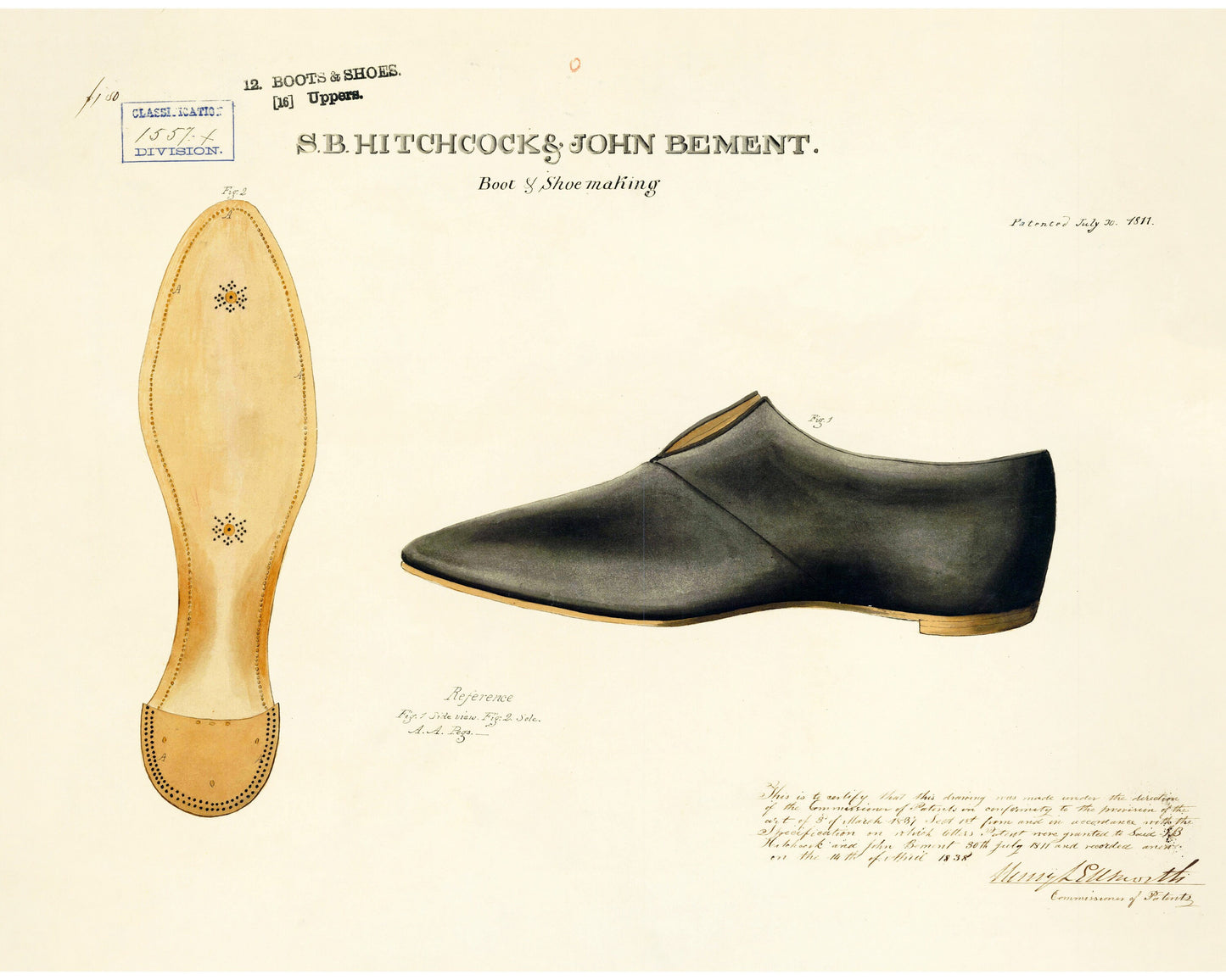 Dibujo de patente estadounidense | Zapatos y botas de hombre | Diagrama antiguo | Decoración de pared de moda e ingeniería | Innovación e invención del siglo XIX