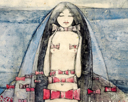 Mujer joven con lazos rojos y rosas | Desnudo femenino vintage | Arte mural Art Nouveau | Frances Macdonald MacNair | Artista femenina