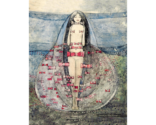 Mujer joven con lazos rojos y rosas | Desnudo femenino vintage | Arte mural Art Nouveau | Frances Macdonald MacNair | Artista femenina