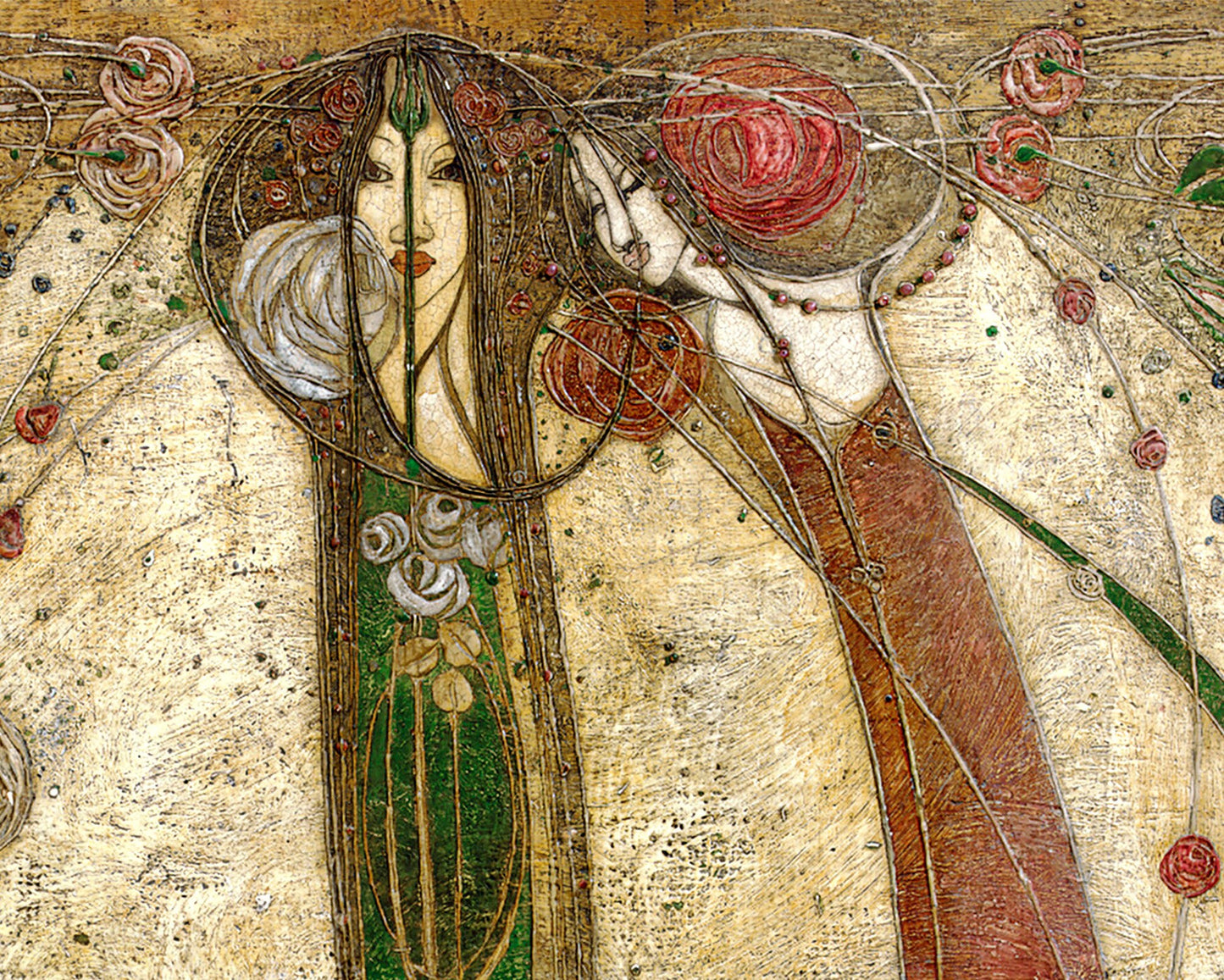 Impresión de dos mujeres como flores | Pintura de rosa blanca y rosa roja | Arte mural Art Nouveau | Margaret MacDonald Mackintosh | Artista femenina