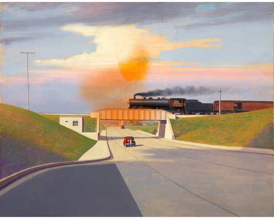Impresión de coche y tren antiguos | Vehículo de los años 30 | Pintura de automóvil en la carretera | Escena de la carretera de Iowa | Arte mural de transporte | Locomotora de vapor